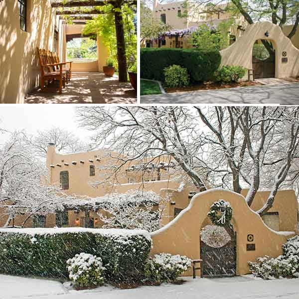 3 photos of university house, the porch, the gate, and covered in snow